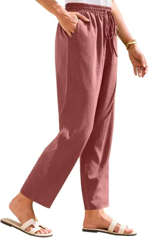 Womens Cotton Linen Pants with Pockets Straight Leg Drawstring Elastic Waisted Lounge Summer Pants Beach Trousers