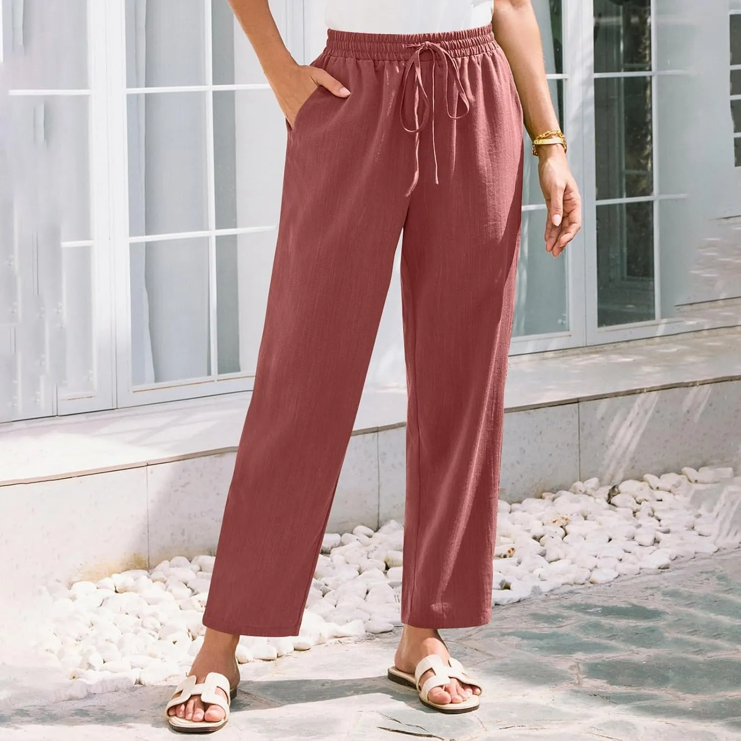 Womens Cotton Linen Pants with Pockets Straight Leg Drawstring Elastic Waisted Lounge Summer Pants Beach Trousers