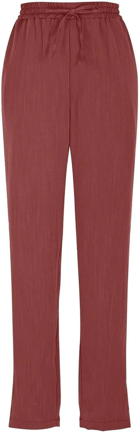 Womens Cotton Linen Pants with Pockets Straight Leg Drawstring Elastic Waisted Lounge Summer Pants Beach Trousers