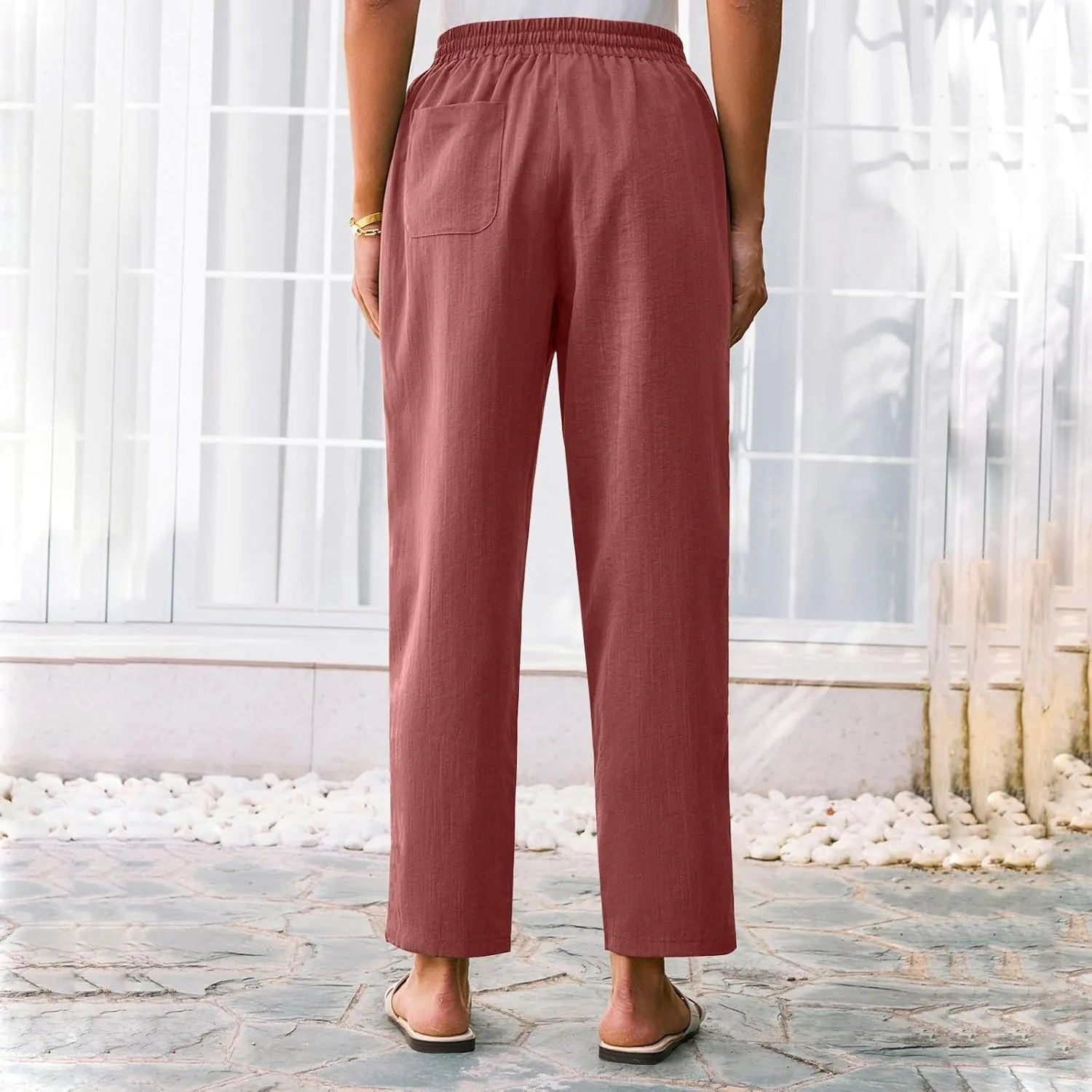Womens Cotton Linen Pants with Pockets Straight Leg Drawstring Elastic Waisted Lounge Summer Pants Beach Trousers