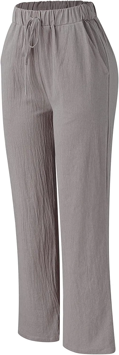 Women's Cotton Linen Side Split Trousers High Waist Drawstring Pants Summer Solid Color Lightweight Pants