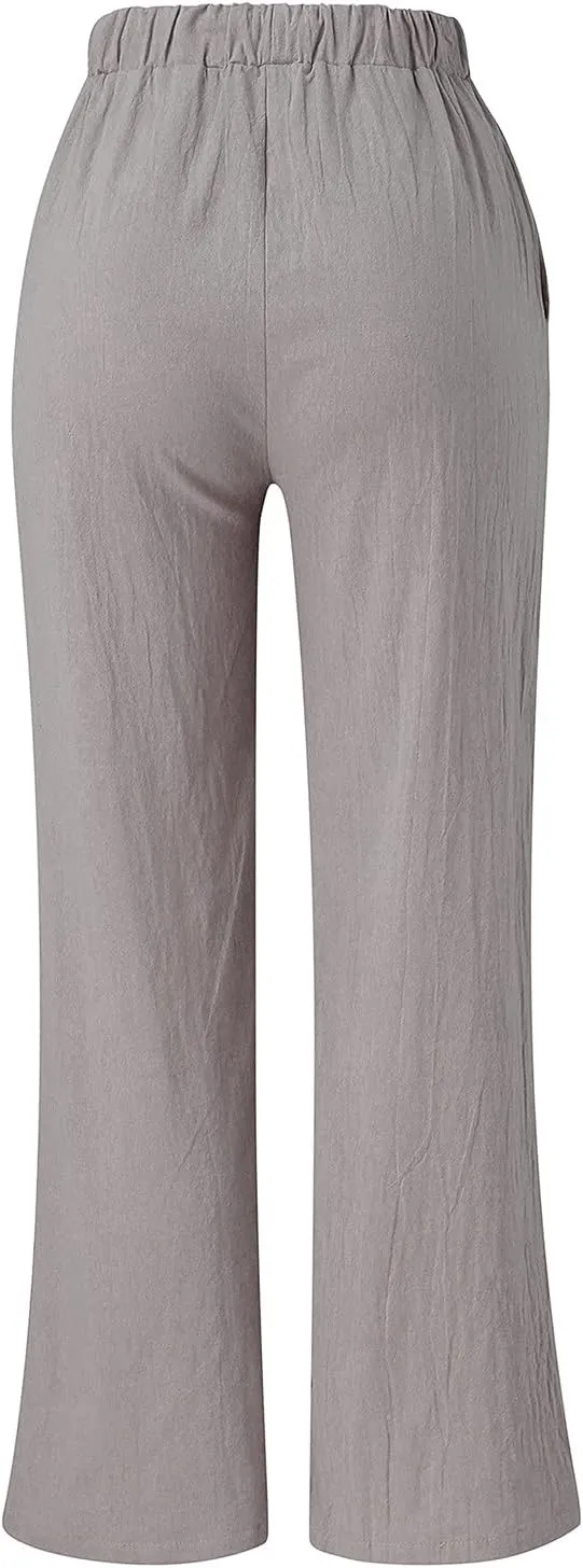 Women's Cotton Linen Side Split Trousers High Waist Drawstring Pants Summer Solid Color Lightweight Pants