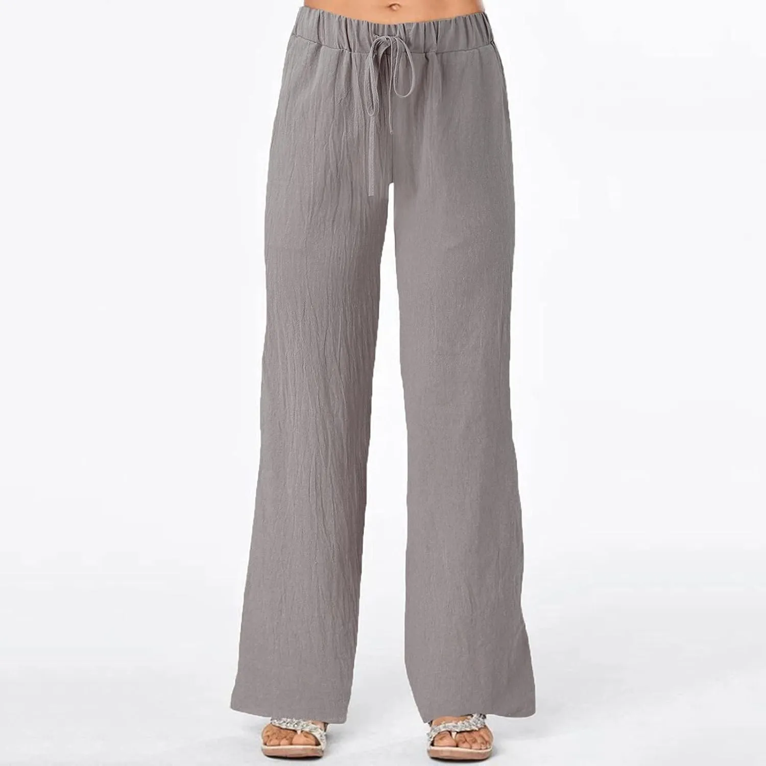 Women's Cotton Linen Side Split Trousers High Waist Drawstring Pants Summer Solid Color Lightweight Pants