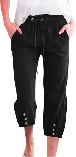 Women's Cotton Linen Straight Leg Pants Elastic Drawstring Casual Trousers with Pockets Summer Beach Lounge Pants