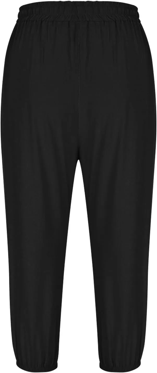 Women's Cotton Linen Straight Leg Pants Elastic Drawstring Casual Trousers with Pockets Summer Beach Lounge Pants