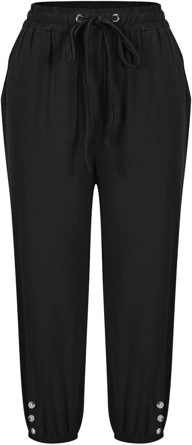 Women's Cotton Linen Straight Leg Pants Elastic Drawstring Casual Trousers with Pockets Summer Beach Lounge Pants