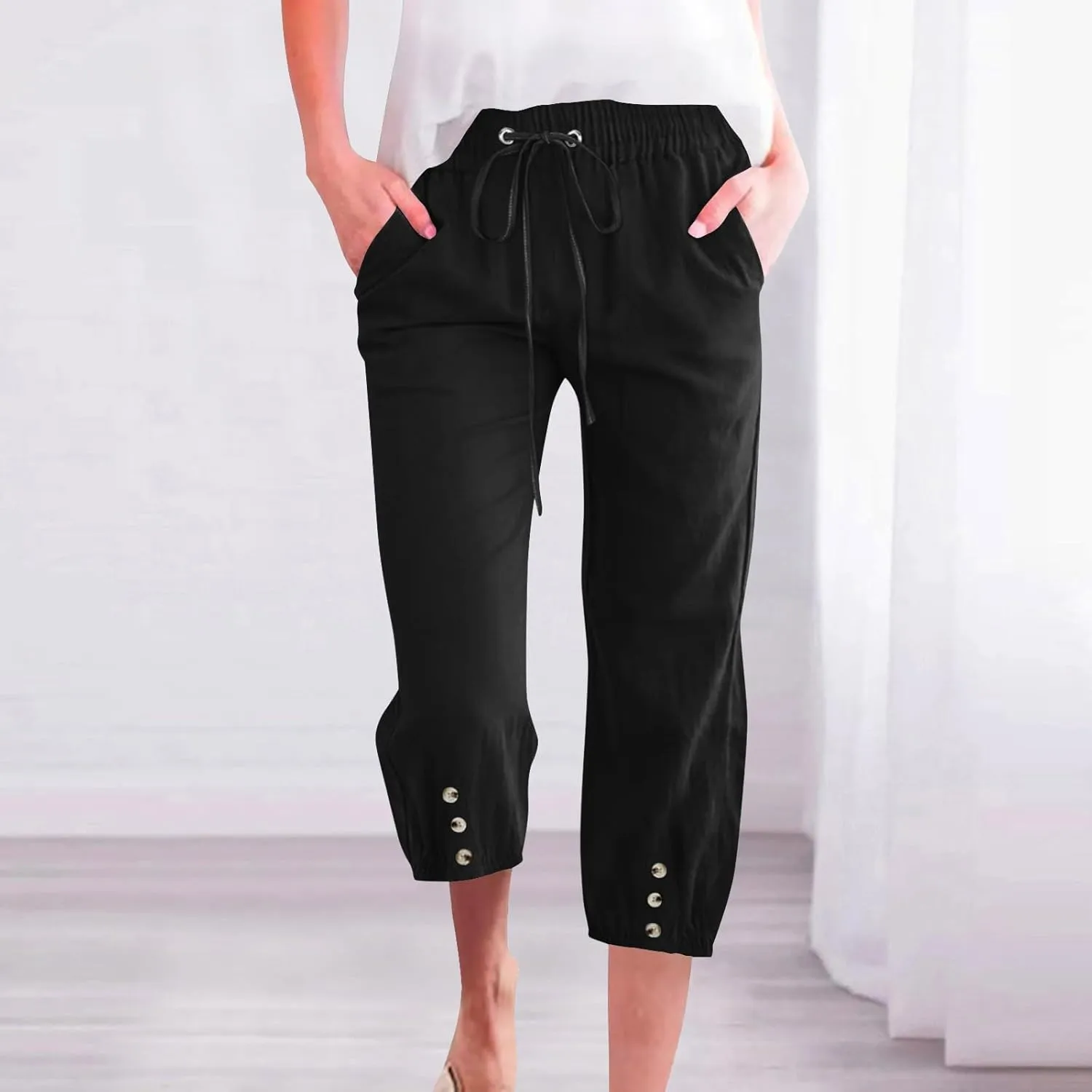 Women's Cotton Linen Straight Leg Pants Elastic Drawstring Casual Trousers with Pockets Summer Beach Lounge Pants