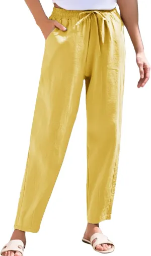 Women's Cotton Linen Straight Leg Pants Elastic Drawstring Summer Trousers with Pockets Casual Beach Lounge Pants