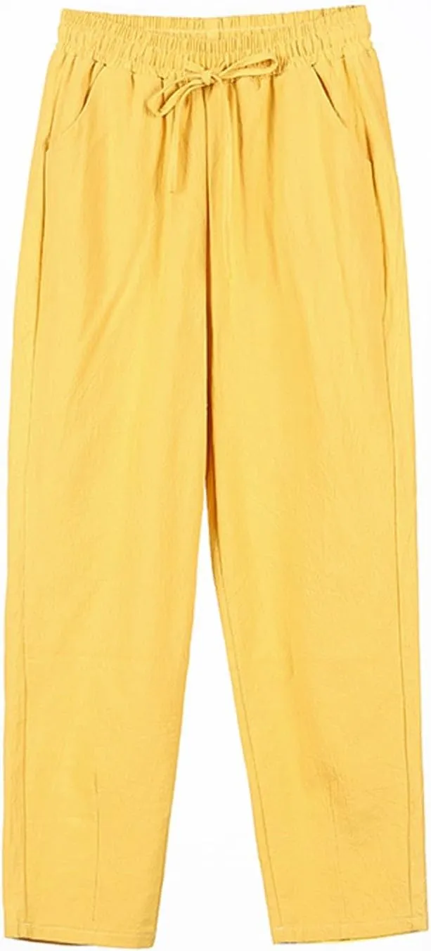 Women's Cotton Linen Straight Leg Pants Elastic Drawstring Summer Trousers with Pockets Casual Beach Lounge Pants