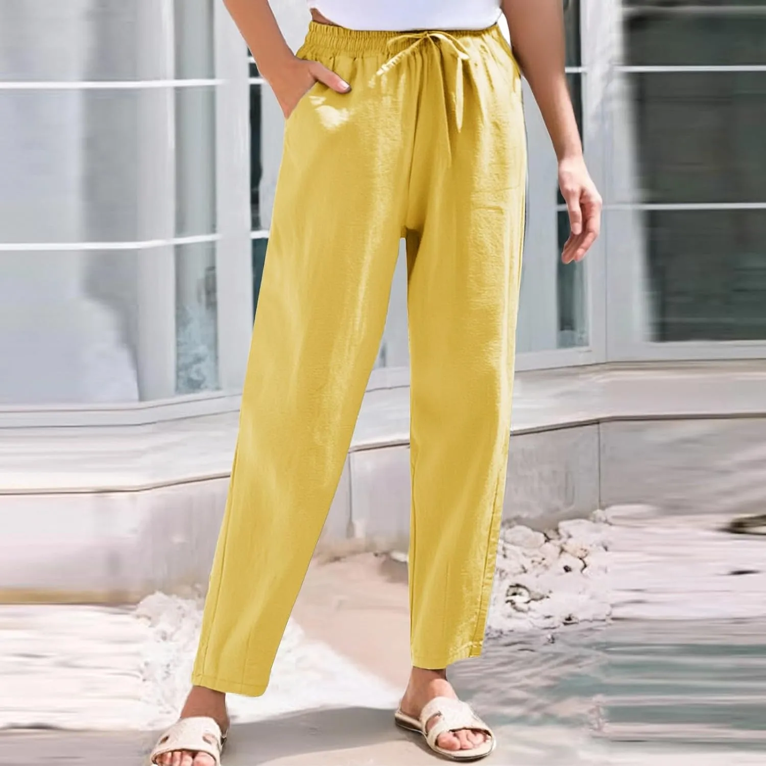 Women's Cotton Linen Straight Leg Pants Elastic Drawstring Summer Trousers with Pockets Casual Beach Lounge Pants
