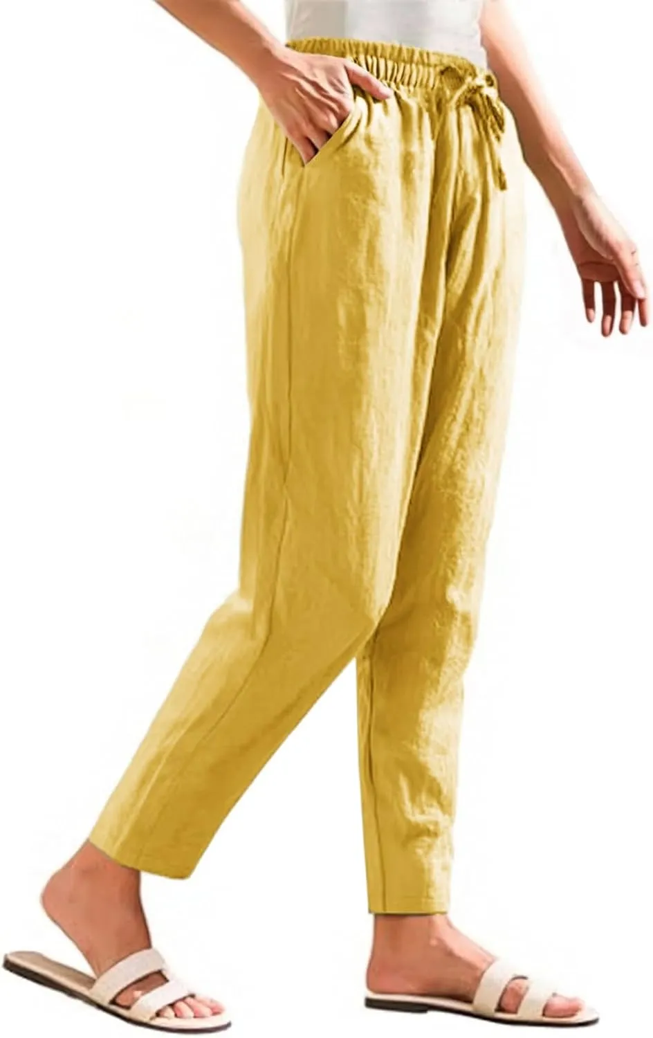 Women's Cotton Linen Straight Leg Pants Elastic Drawstring Summer Trousers with Pockets Casual Beach Lounge Pants