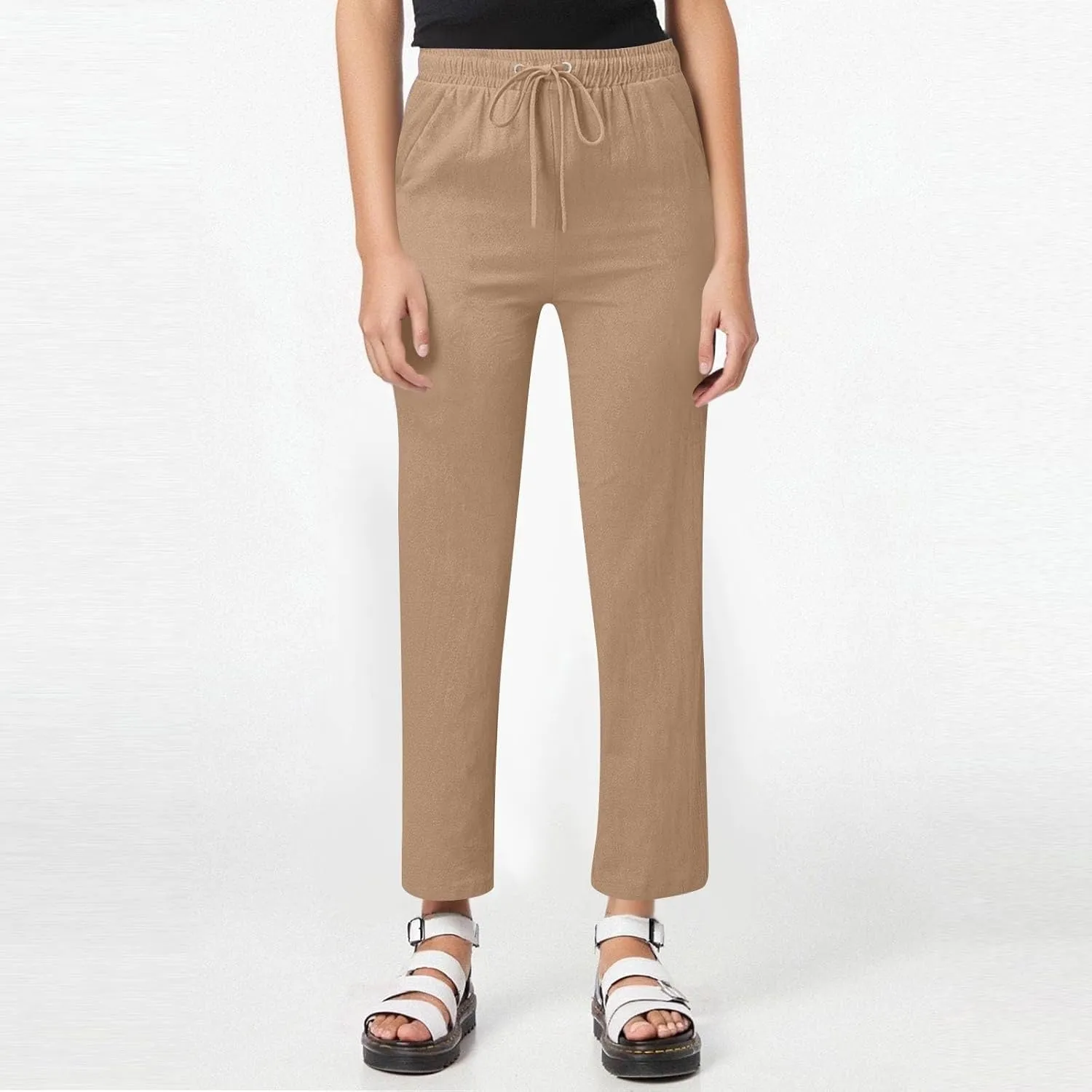 Womens Cotton Linen Straight Leg Pants Elastic High Waist Drawstring Loose Fit Lounge Trousers with Side Pockets
