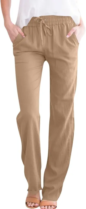Womens Cotton Linen Straight Leg Pants Elastic High Waist Drawstring Loose Fit Lounge Trousers with Side Pockets