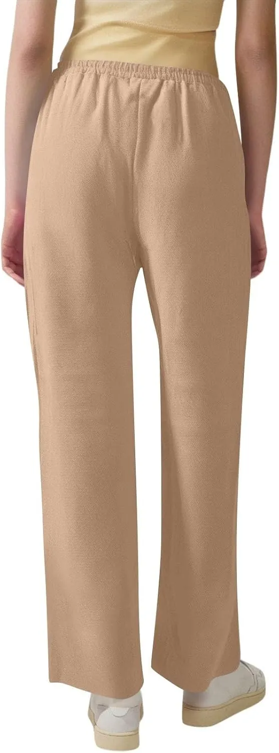 Womens Cotton Linen Straight Leg Pants Elastic High Waist Drawstring Loose Fit Lounge Trousers with Side Pockets