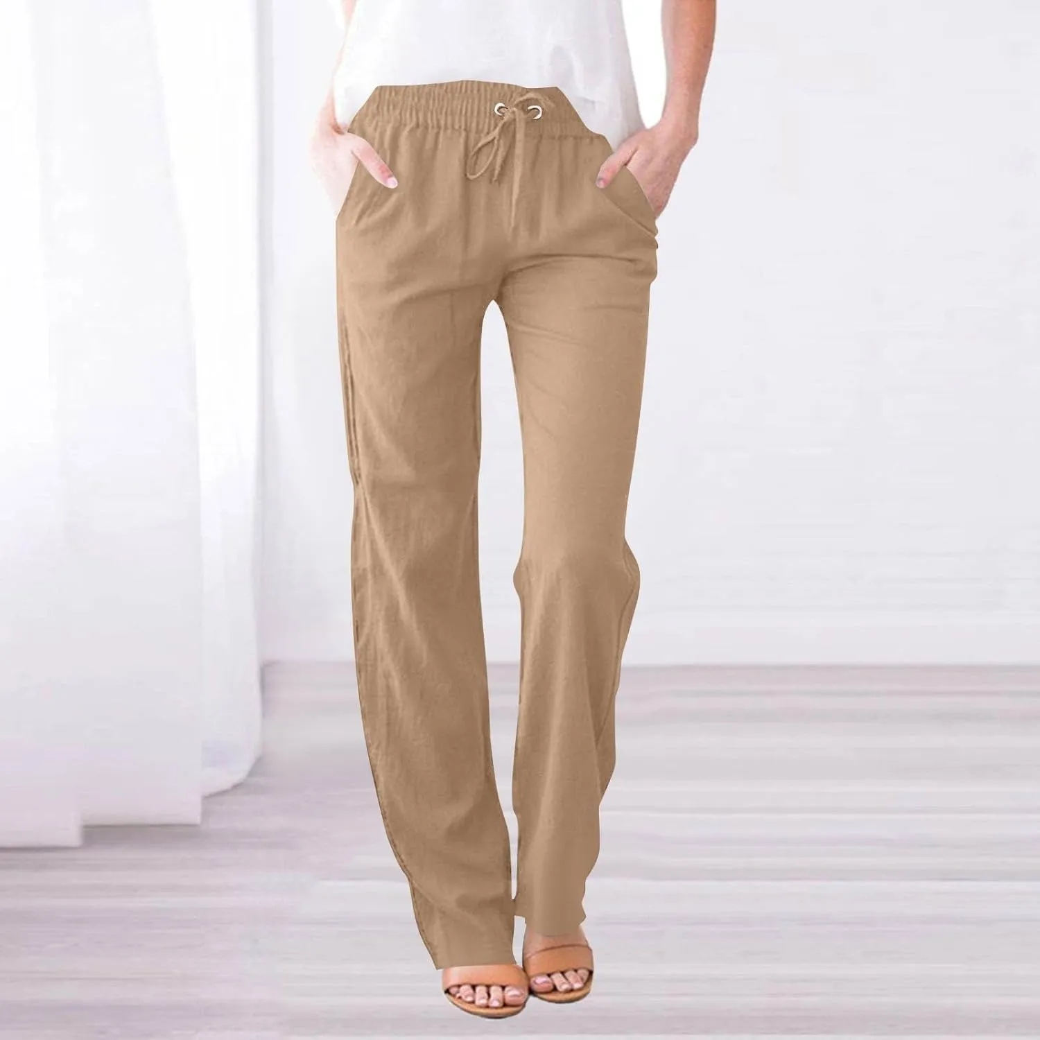 Womens Cotton Linen Straight Leg Pants Elastic High Waist Drawstring Loose Fit Lounge Trousers with Side Pockets