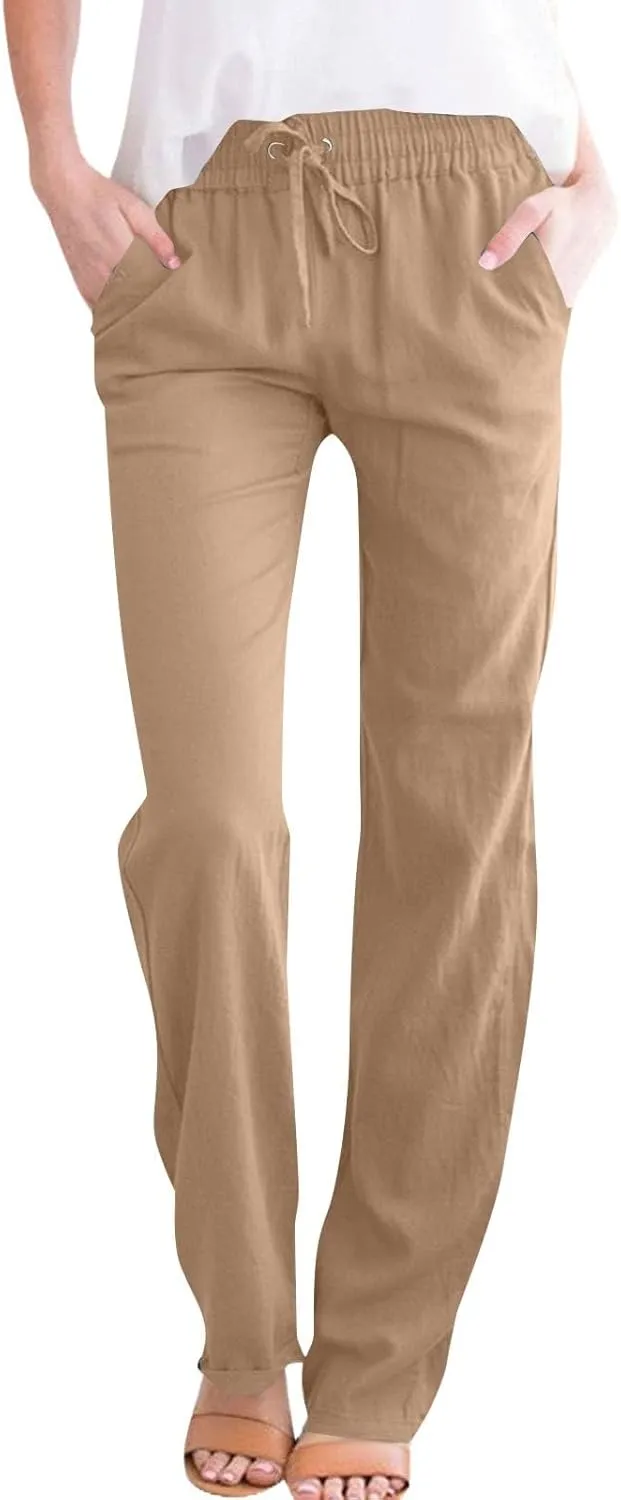 Womens Cotton Linen Straight Leg Pants Elastic High Waist Drawstring Loose Fit Lounge Trousers with Side Pockets