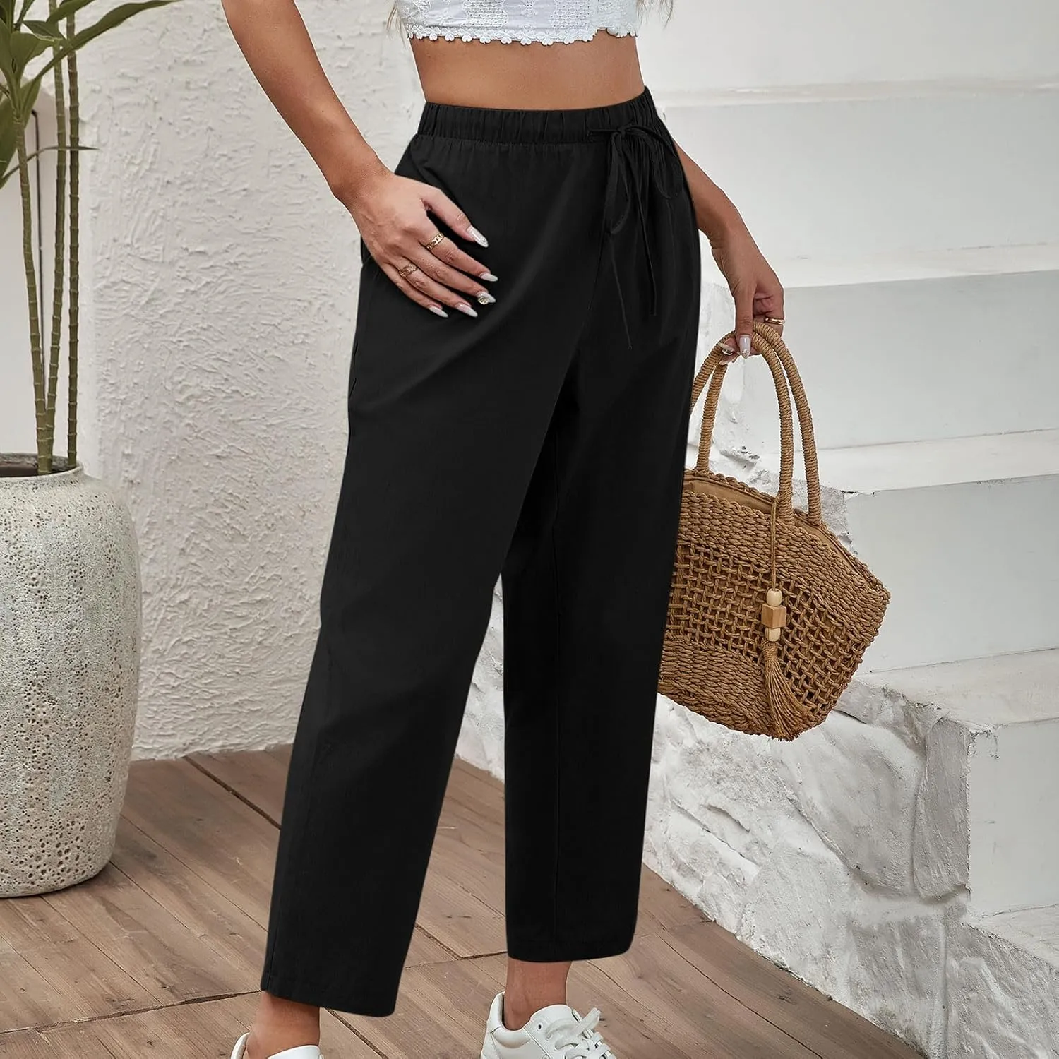 Women's Cotton Linen Summer Pants Wide Leg Casual Drawstring Elastic Pants Fashion Solid Color Trousers with Pockets
