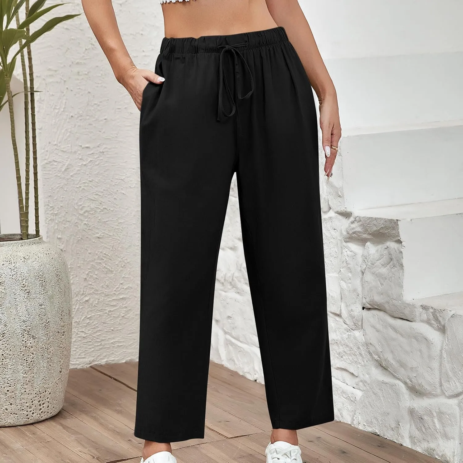 Women's Cotton Linen Summer Pants Wide Leg Casual Drawstring Elastic Pants Fashion Solid Color Trousers with Pockets