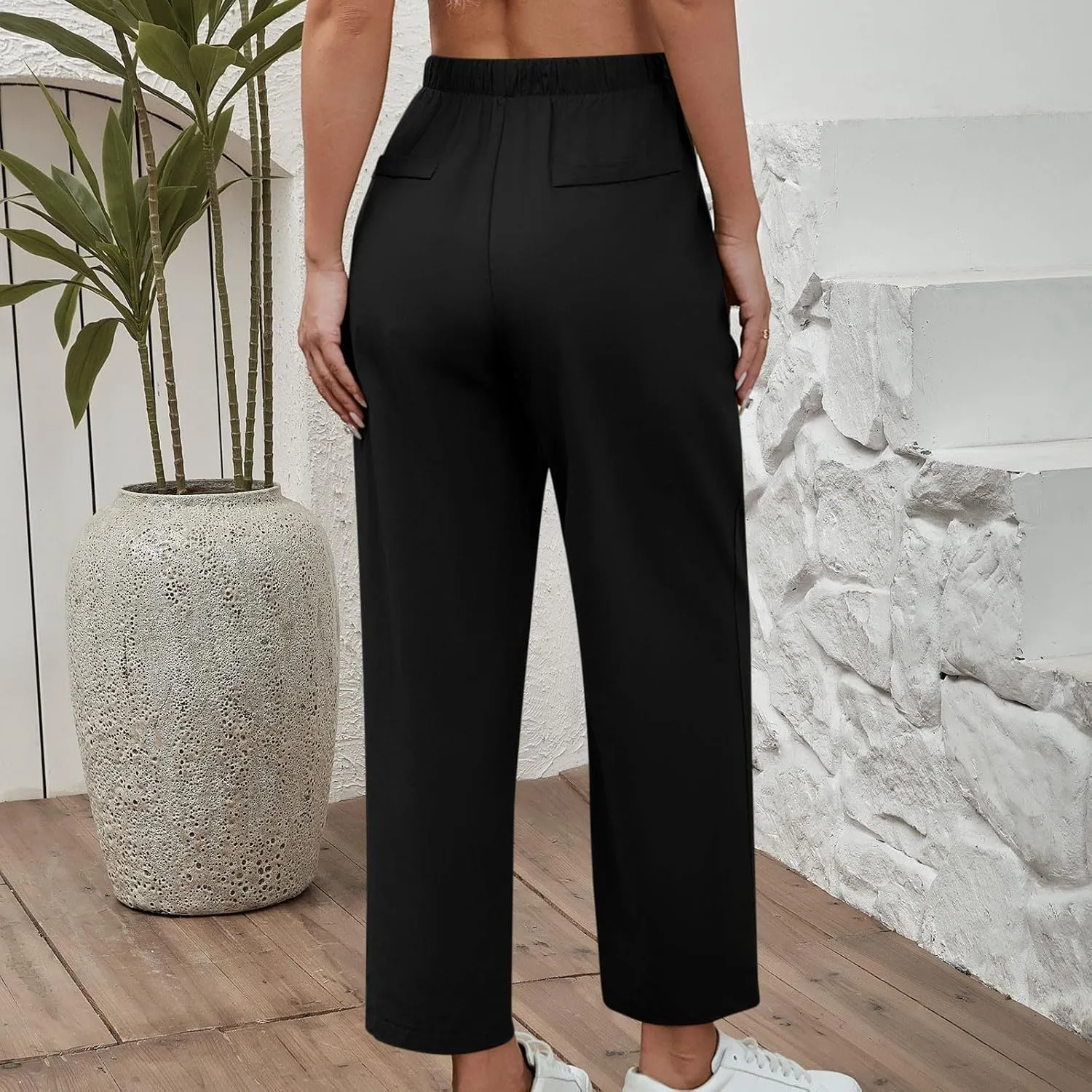 Women's Cotton Linen Summer Pants Wide Leg Casual Drawstring Elastic Pants Fashion Solid Color Trousers with Pockets