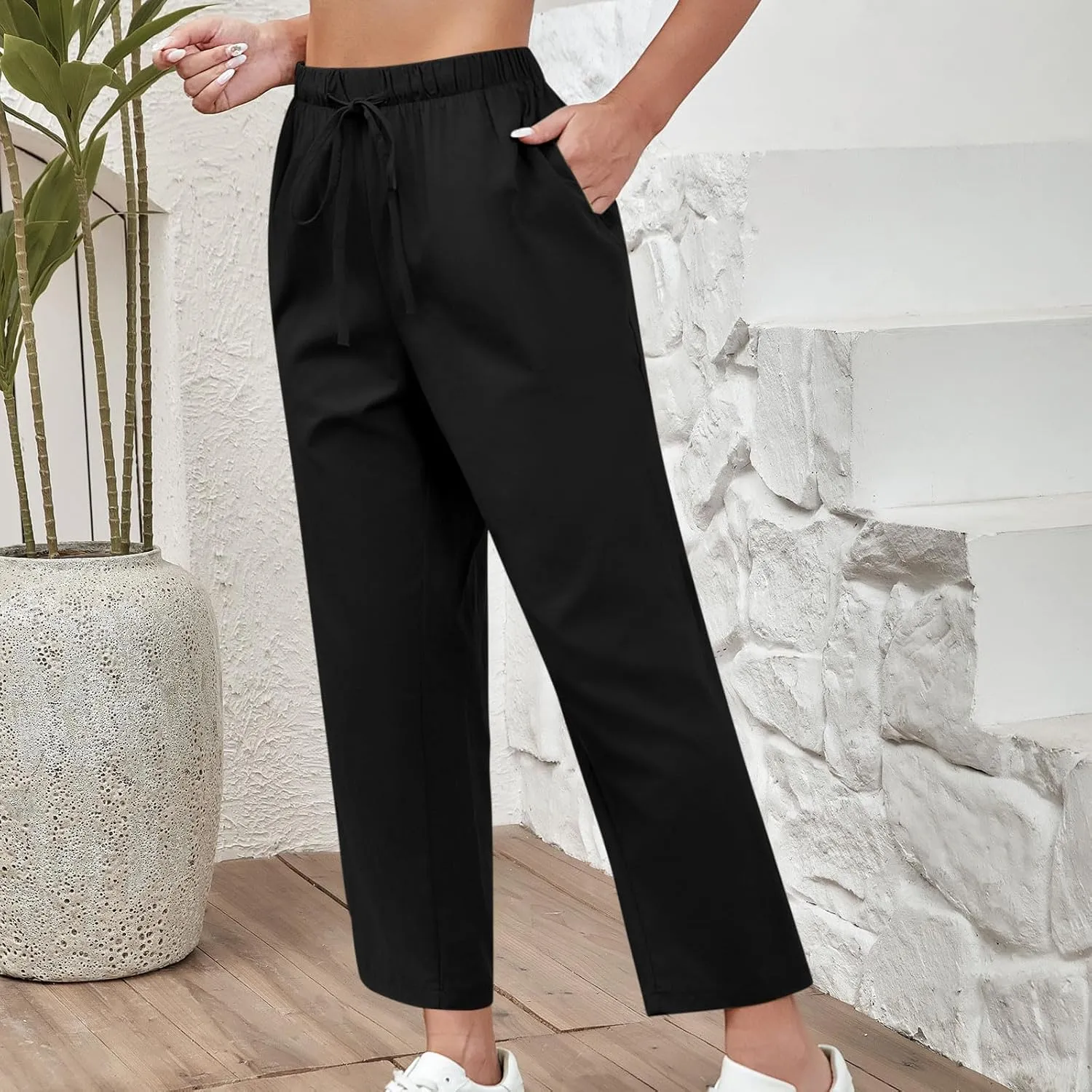 Women's Cotton Linen Summer Pants Wide Leg Casual Drawstring Elastic Pants Fashion Solid Color Trousers with Pockets