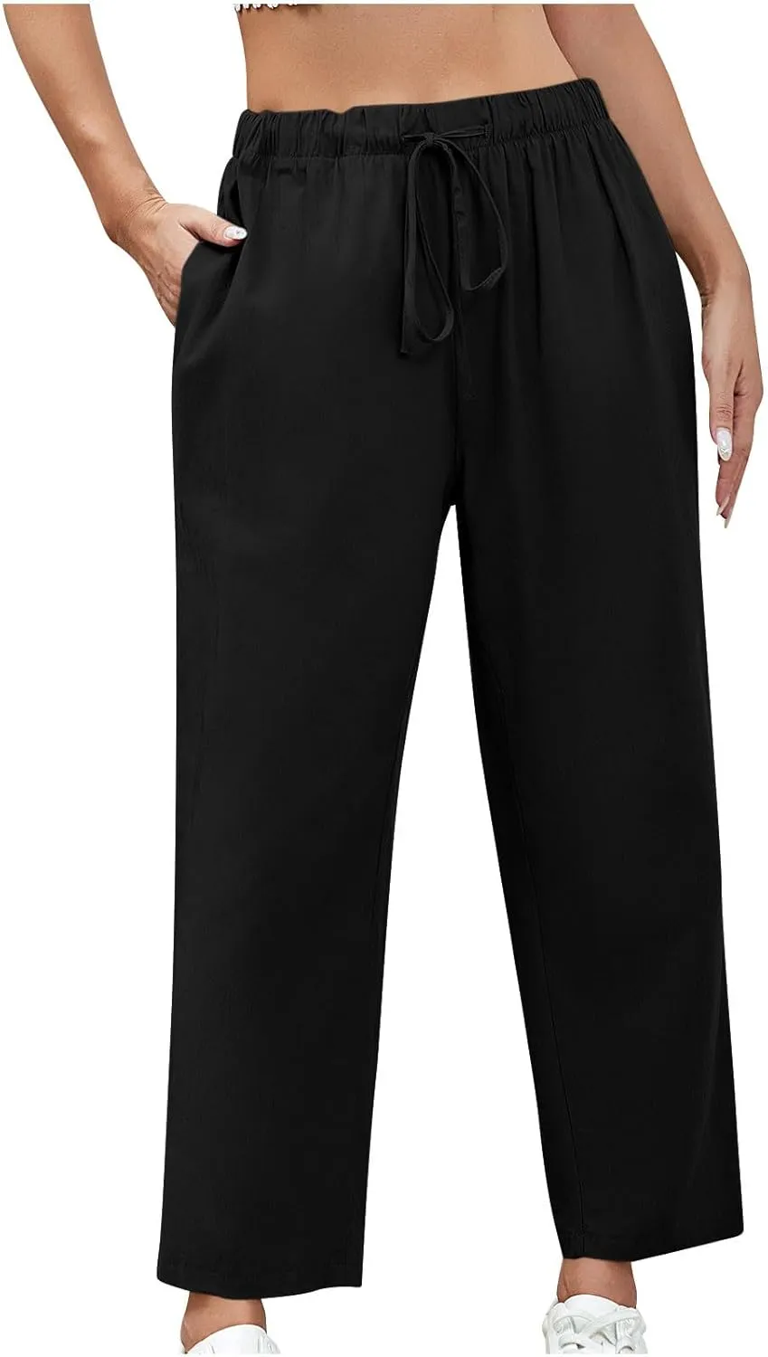 Women's Cotton Linen Summer Pants Wide Leg Casual Drawstring Elastic Pants Fashion Solid Color Trousers with Pockets