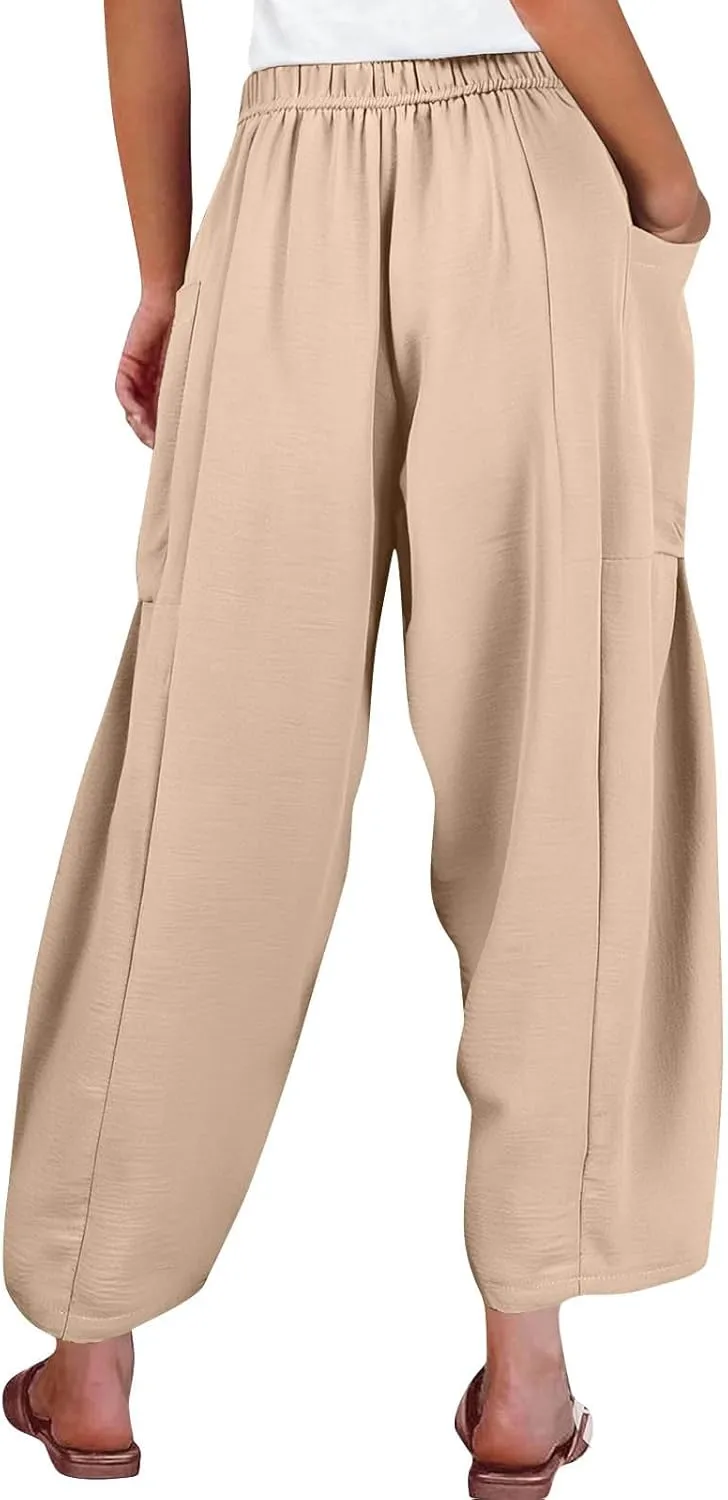 Womens Dress Pants Wide Leg High Waisted Drawstring Beach Pants Long Summer Loose Casual Flowy Palazzo Harem Trousers