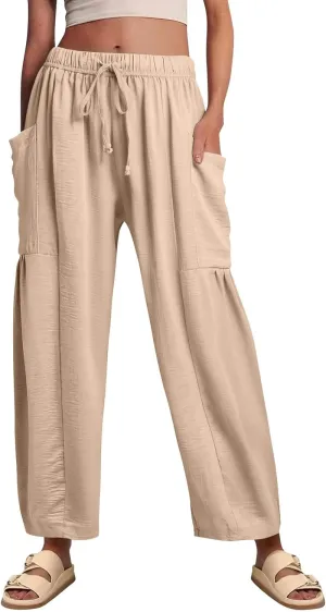 Womens Dress Pants Wide Leg High Waisted Drawstring Beach Pants Long Summer Loose Casual Flowy Palazzo Harem Trousers