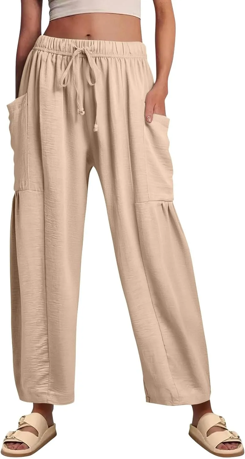 Womens Dress Pants Wide Leg High Waisted Drawstring Beach Pants Long Summer Loose Casual Flowy Palazzo Harem Trousers