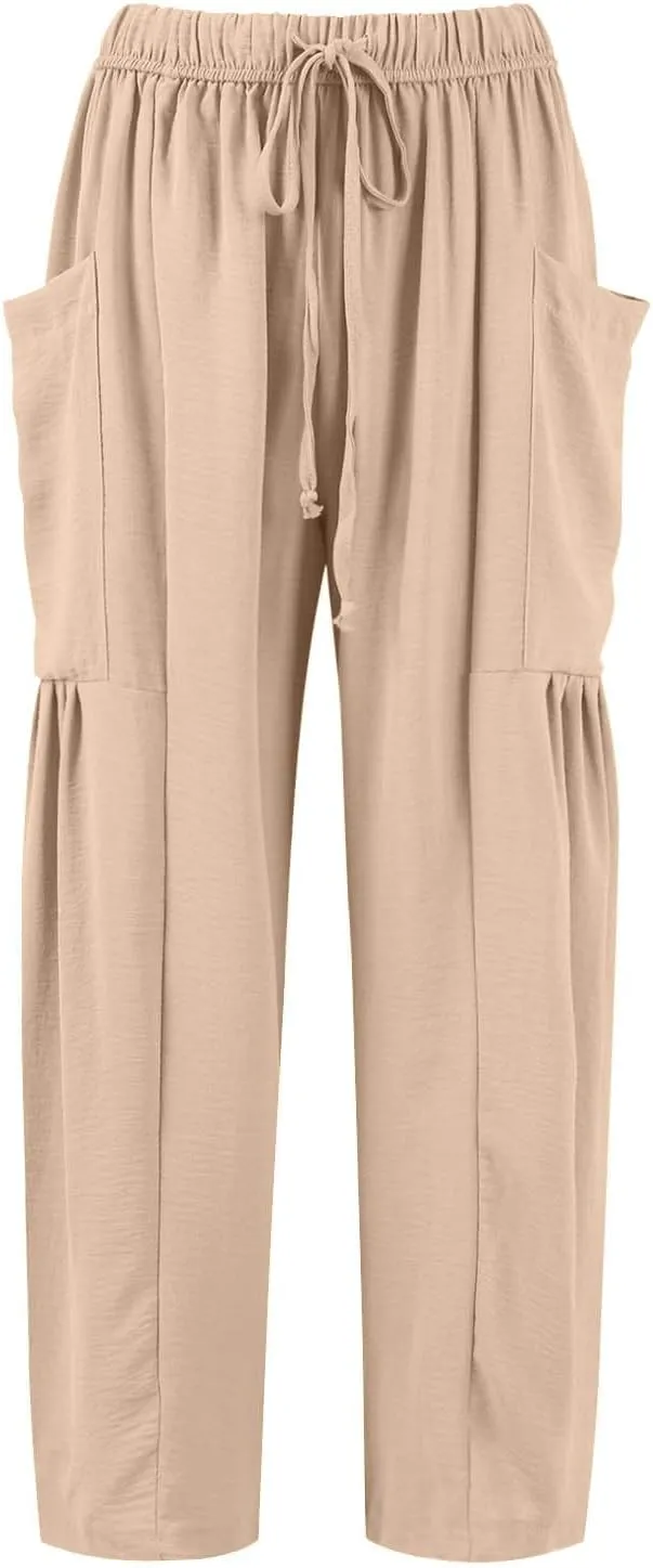 Womens Dress Pants Wide Leg High Waisted Drawstring Beach Pants Long Summer Loose Casual Flowy Palazzo Harem Trousers