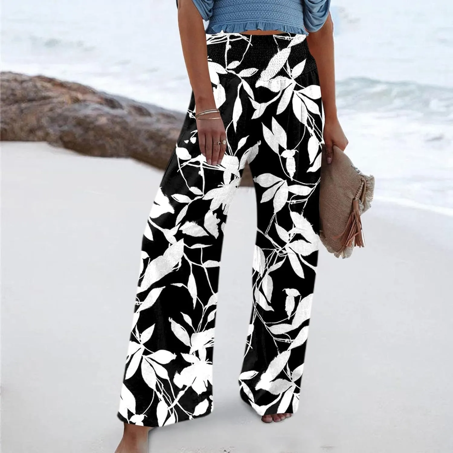 Womens Elastic High Waisted Palazzo Pants Floral Print Casual Wide Leg Long Lounge Pant Trousers with Pocket