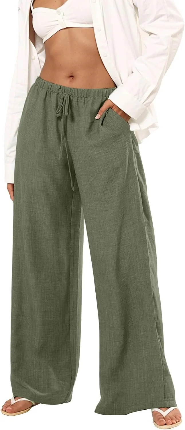 Women's Fashion Casual Solid Wide Leg Pants Drawstring Elastic Low Waist Sports Cotton Linen Trousers with Pockets
