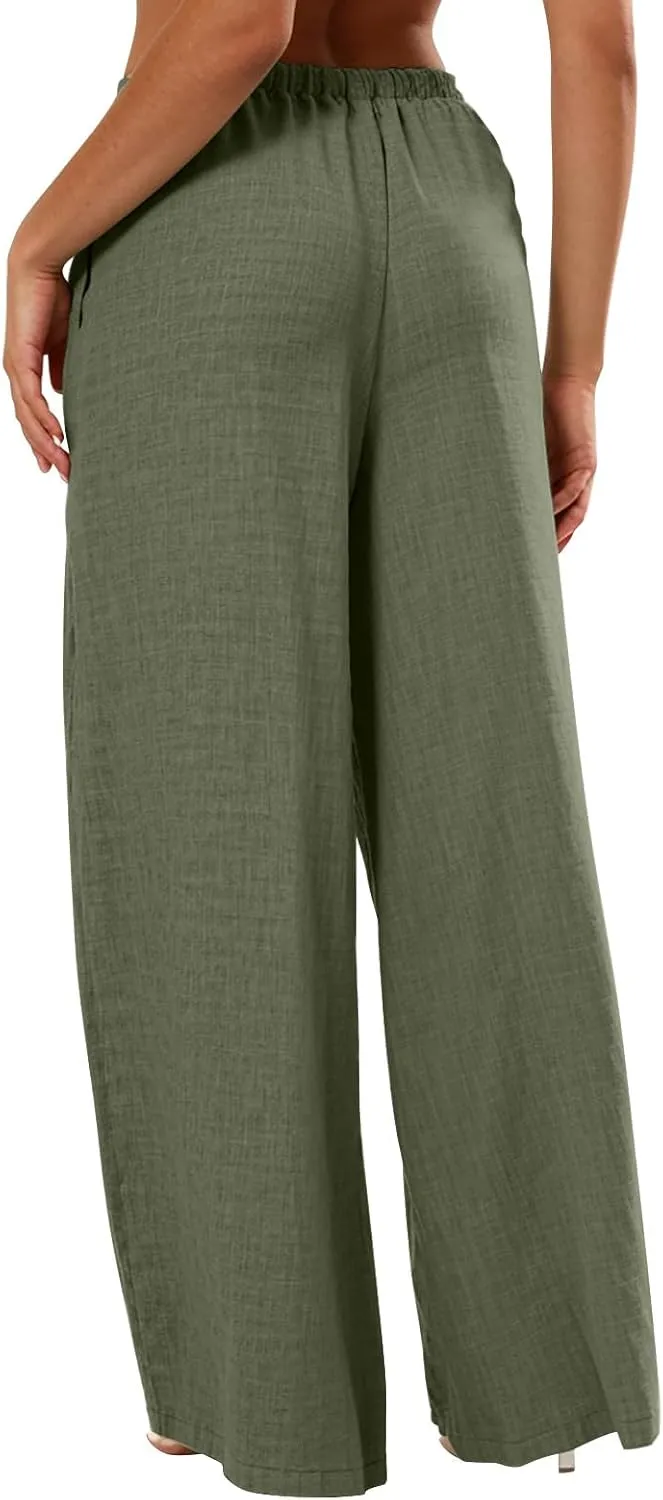 Women's Fashion Casual Solid Wide Leg Pants Drawstring Elastic Low Waist Sports Cotton Linen Trousers with Pockets