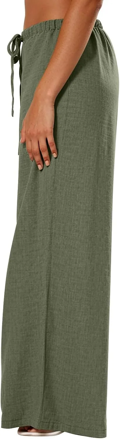 Women's Fashion Casual Solid Wide Leg Pants Drawstring Elastic Low Waist Sports Cotton Linen Trousers with Pockets