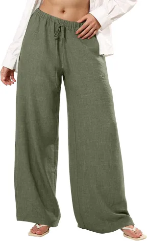 Women's Fashion Casual Solid Wide Leg Pants Drawstring Elastic Low Waist Sports Cotton Linen Trousers with Pockets