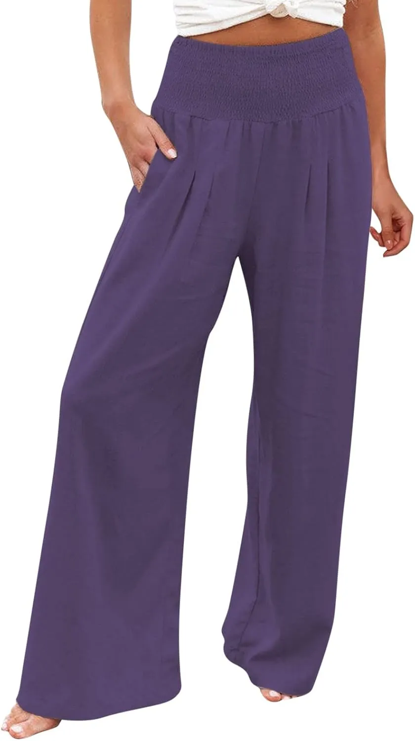 Womens Flowy Pants Loose Linen Wide Leg Pants High Waisted Elastic Waistband Trousers Preppy Cotton Linen Joggers Bottoms