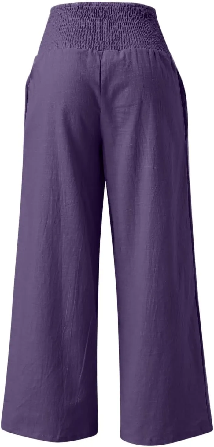 Womens Flowy Pants Loose Linen Wide Leg Pants High Waisted Elastic Waistband Trousers Preppy Cotton Linen Joggers Bottoms