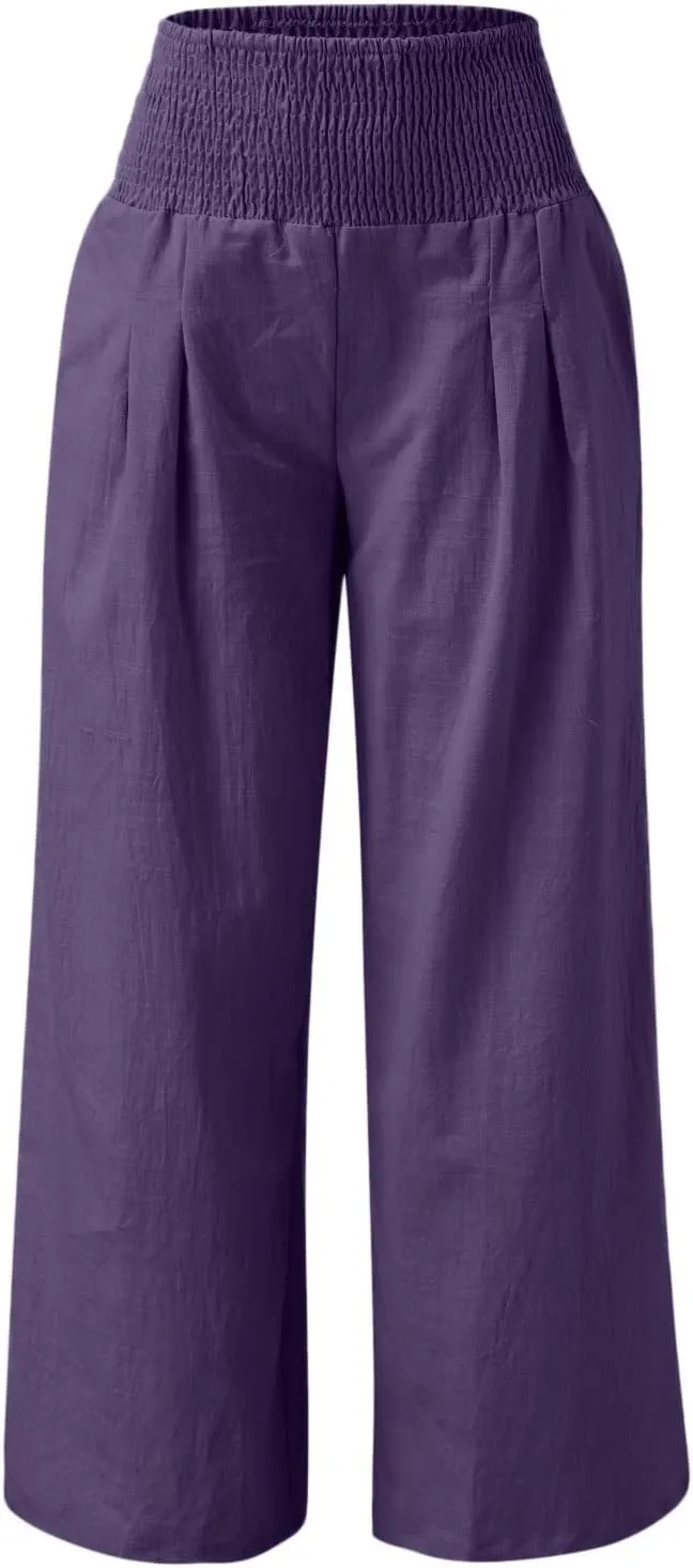 Womens Flowy Pants Loose Linen Wide Leg Pants High Waisted Elastic Waistband Trousers Preppy Cotton Linen Joggers Bottoms