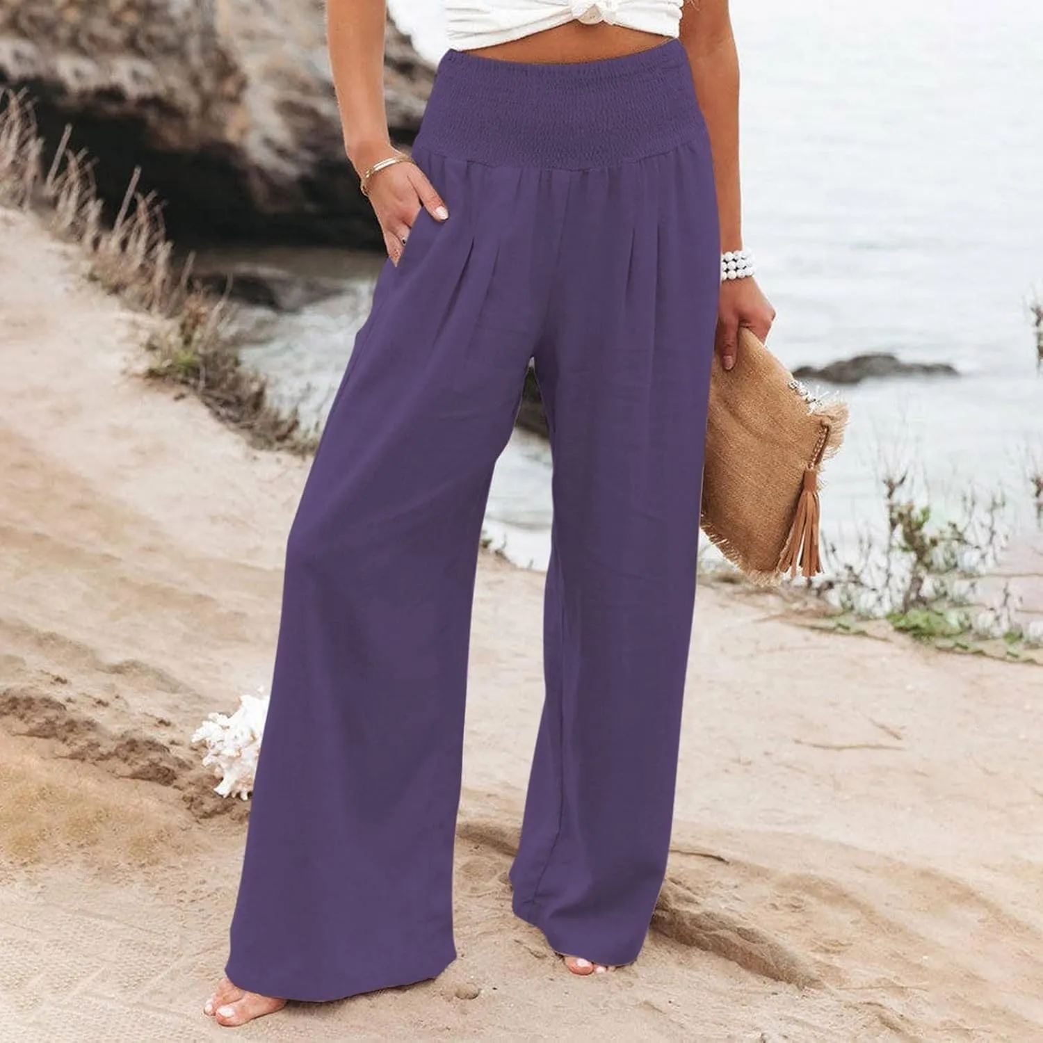 Womens Flowy Pants Loose Linen Wide Leg Pants High Waisted Elastic Waistband Trousers Preppy Cotton Linen Joggers Bottoms