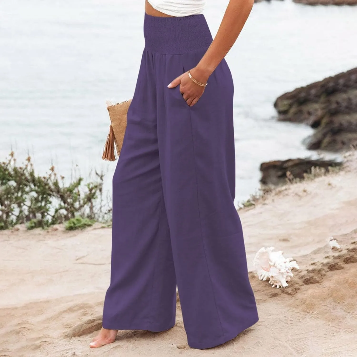 Womens Flowy Pants Loose Linen Wide Leg Pants High Waisted Elastic Waistband Trousers Preppy Cotton Linen Joggers Bottoms