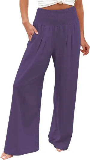 Womens Flowy Pants Loose Linen Wide Leg Pants High Waisted Elastic Waistband Trousers Preppy Cotton Linen Joggers Bottoms