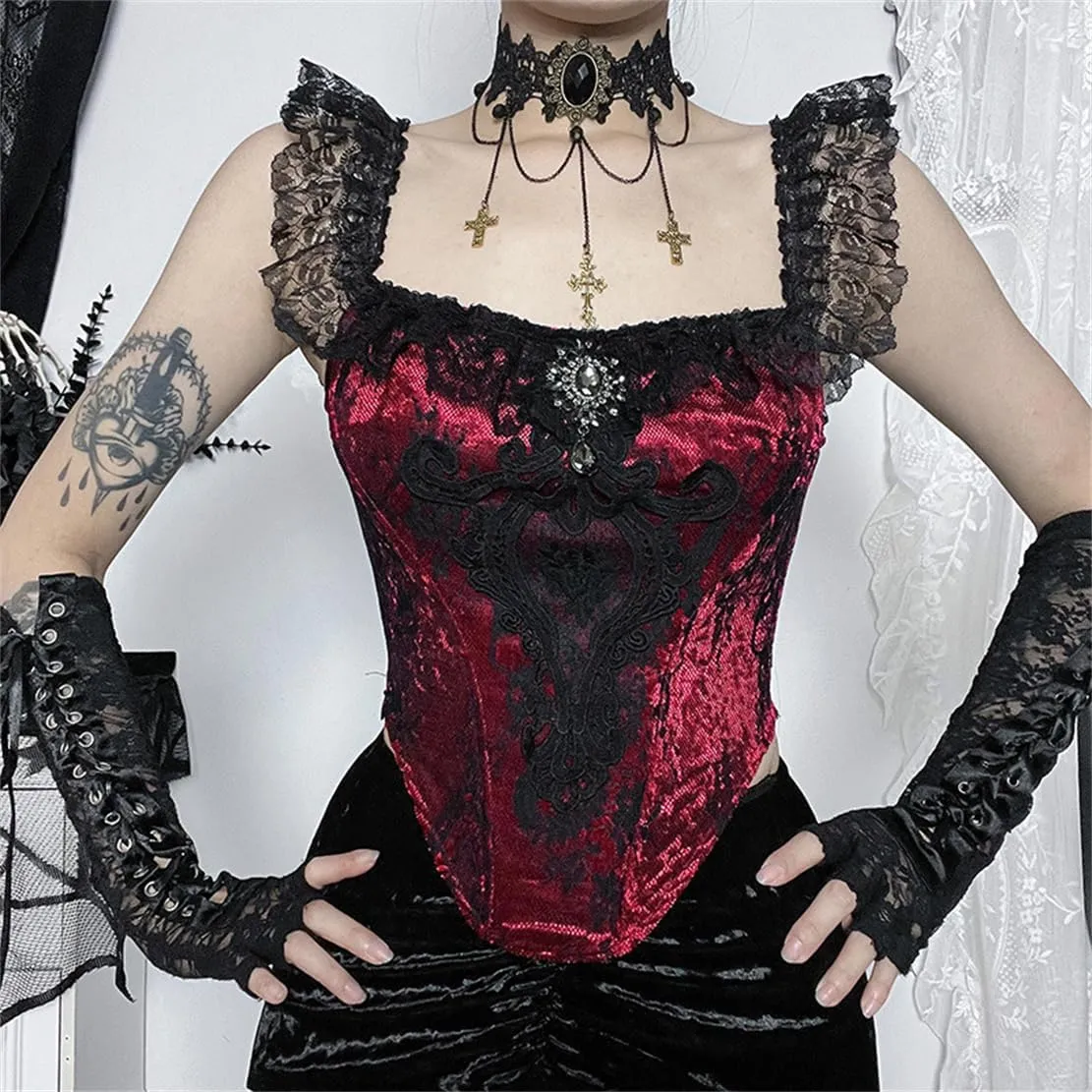 Womens Gothic Crop Top Goth Grunge Lace Tank Tops Punk Y2k Cami Alt Shirts Streetwear Casual Camisole