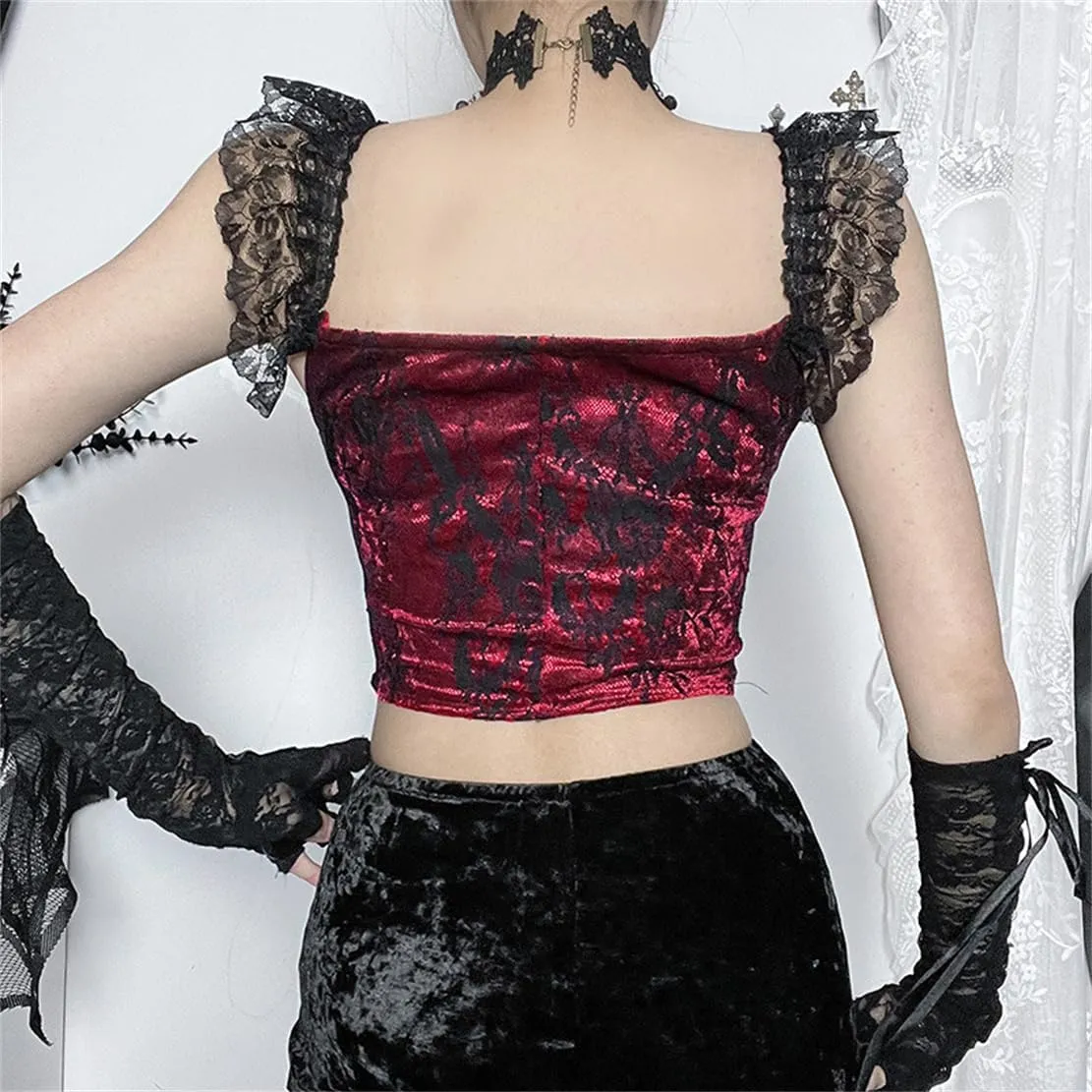 Womens Gothic Crop Top Goth Grunge Lace Tank Tops Punk Y2k Cami Alt Shirts Streetwear Casual Camisole