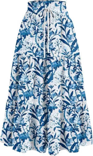 Women's High Elastic Waist Bohemian Midi Skirt - Pleated Ruffle A-Line Floral Skirt for Casual Wear
