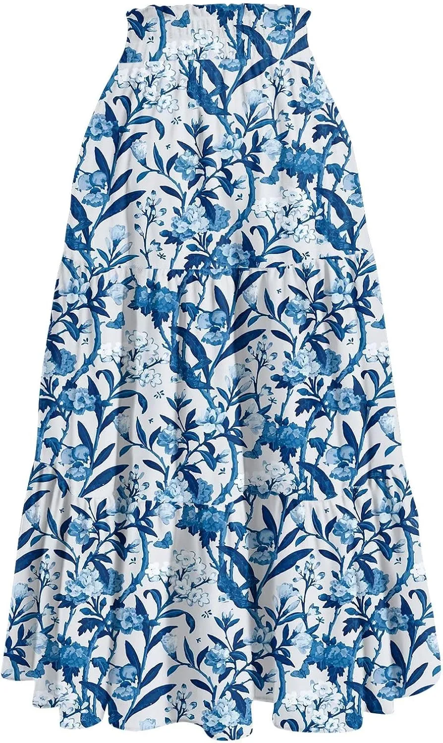 Women's High Elastic Waist Bohemian Midi Skirt - Pleated Ruffle A-Line Floral Skirt for Casual Wear