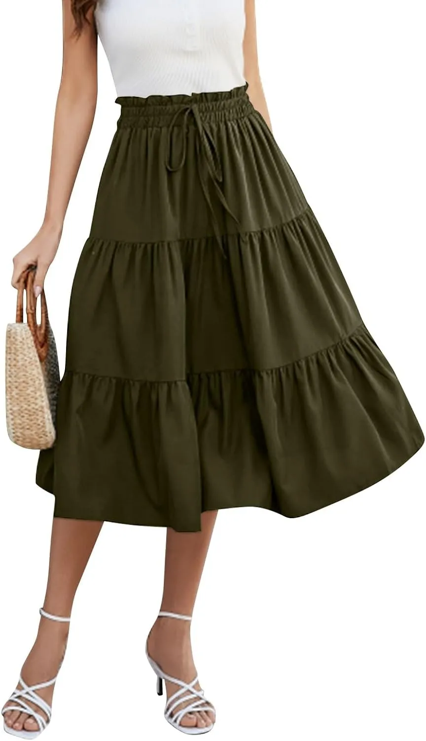 Women's High Elastic Waist Bohemian Midi Skirt - Pleated Ruffle A-Line Skirt for Casual Wear