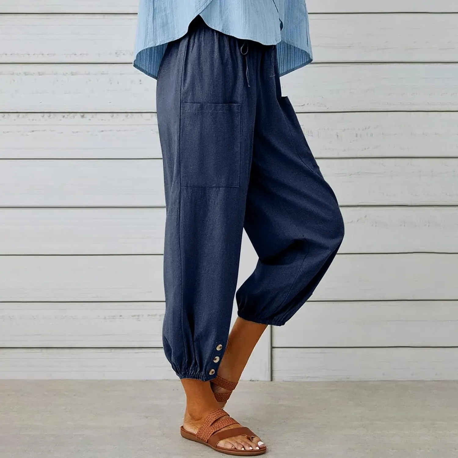 Women's High Waist Drawstring Cotton Linen Pants with 2 Pockets Straight Wide Leg Capri Cropped Trouser for Women