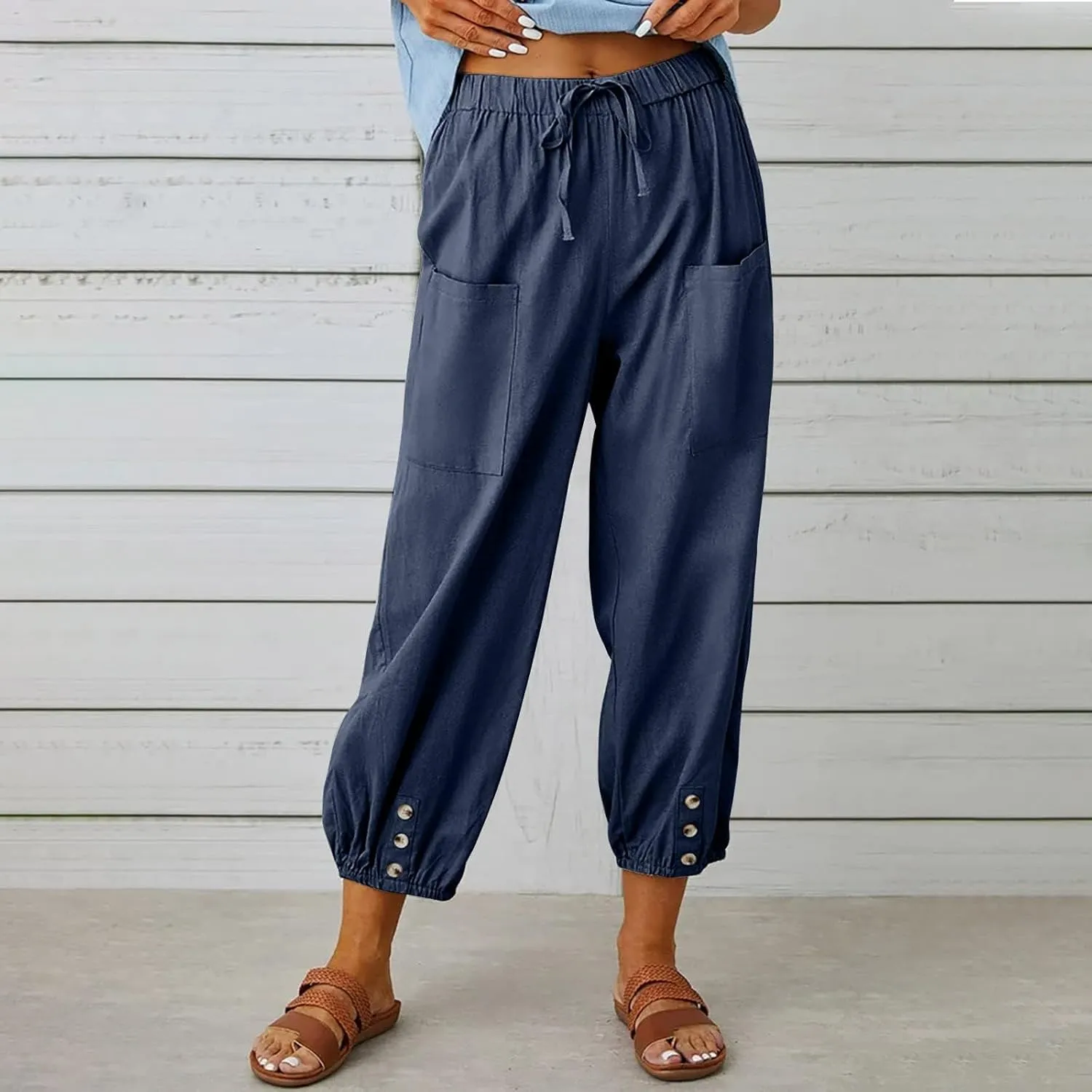 Women's High Waist Drawstring Cotton Linen Pants with 2 Pockets Straight Wide Leg Capri Cropped Trouser for Women