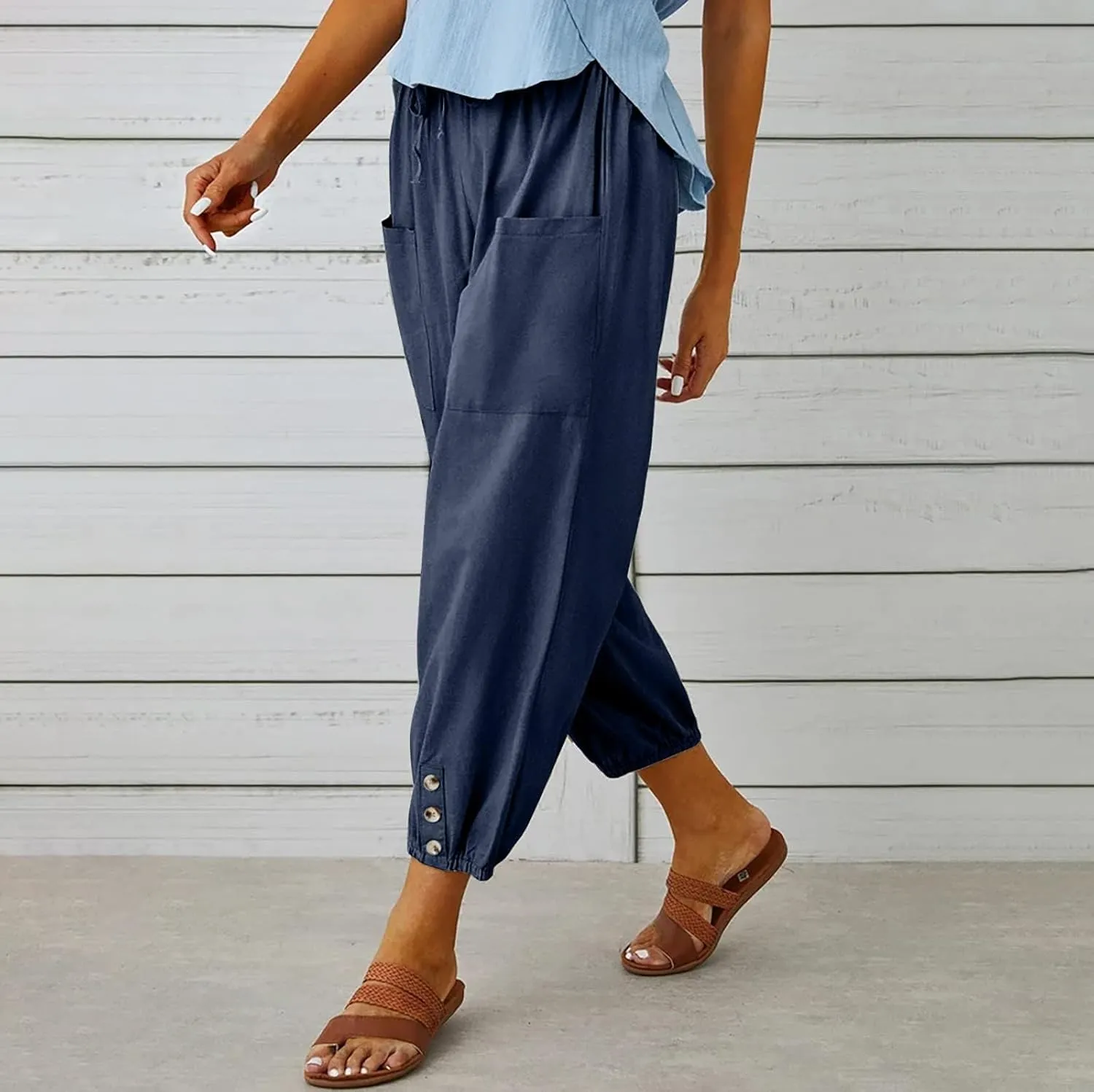 Women's High Waist Drawstring Cotton Linen Pants with 2 Pockets Straight Wide Leg Capri Cropped Trouser for Women