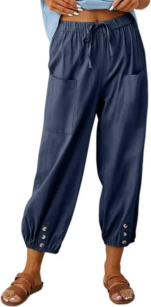 Women's High Waist Drawstring Cotton Linen Pants with 2 Pockets Straight Wide Leg Capri Cropped Trouser for Women