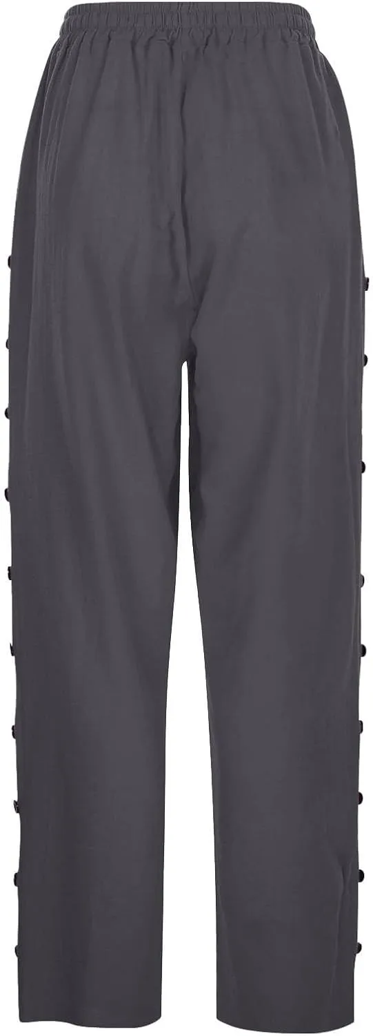 Women's Linen Casual Pants Striped Side Button Elastic Waist Trendy Pants Straight Leg Baggy Trousers with Pockets
